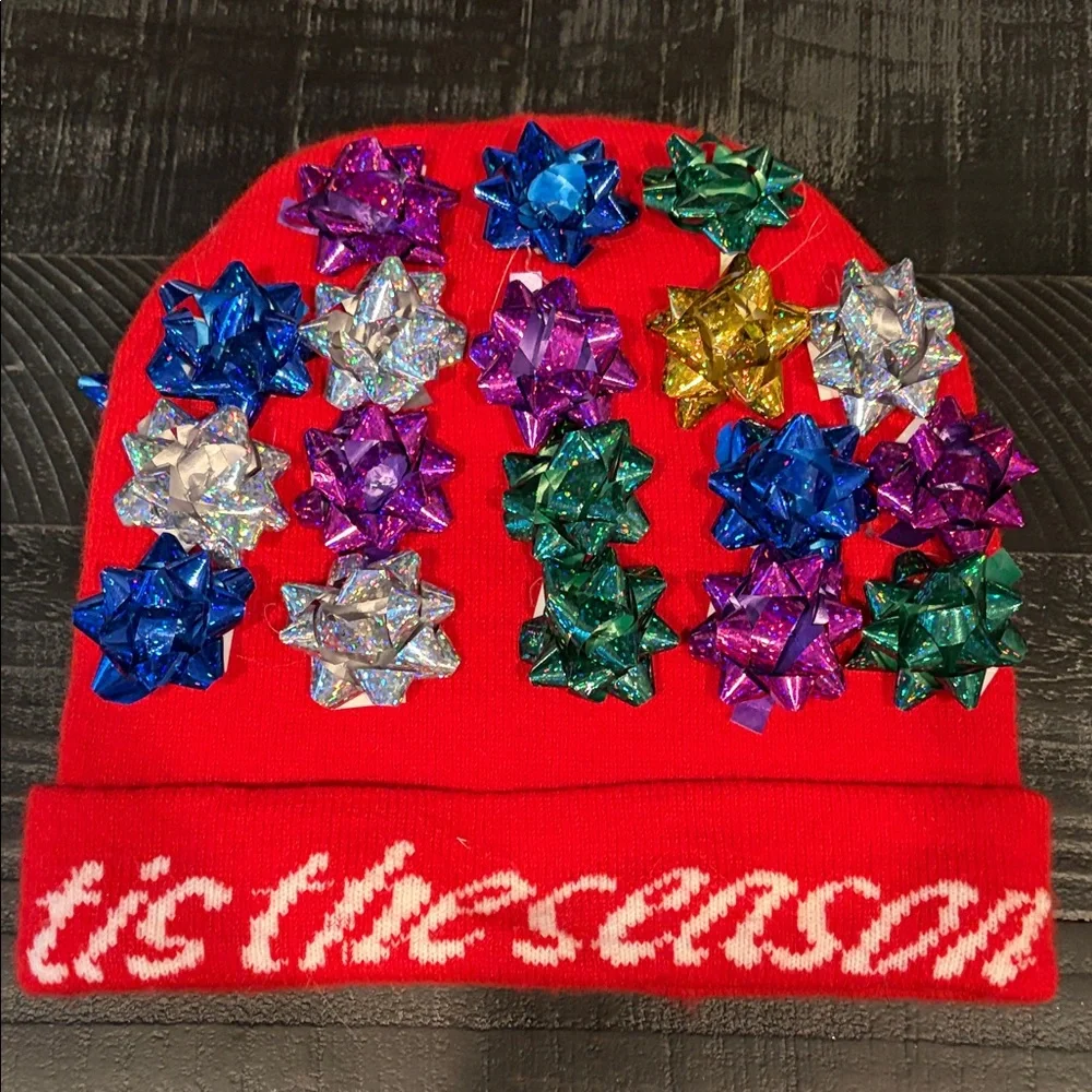 Festive Red Kids Beanie with Colorful Bows